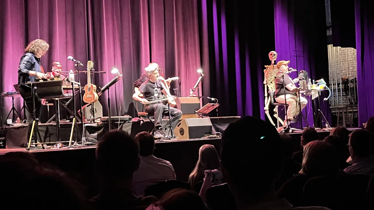 The Magnetic Fields on stage at the Fitzgerald Theatre. 