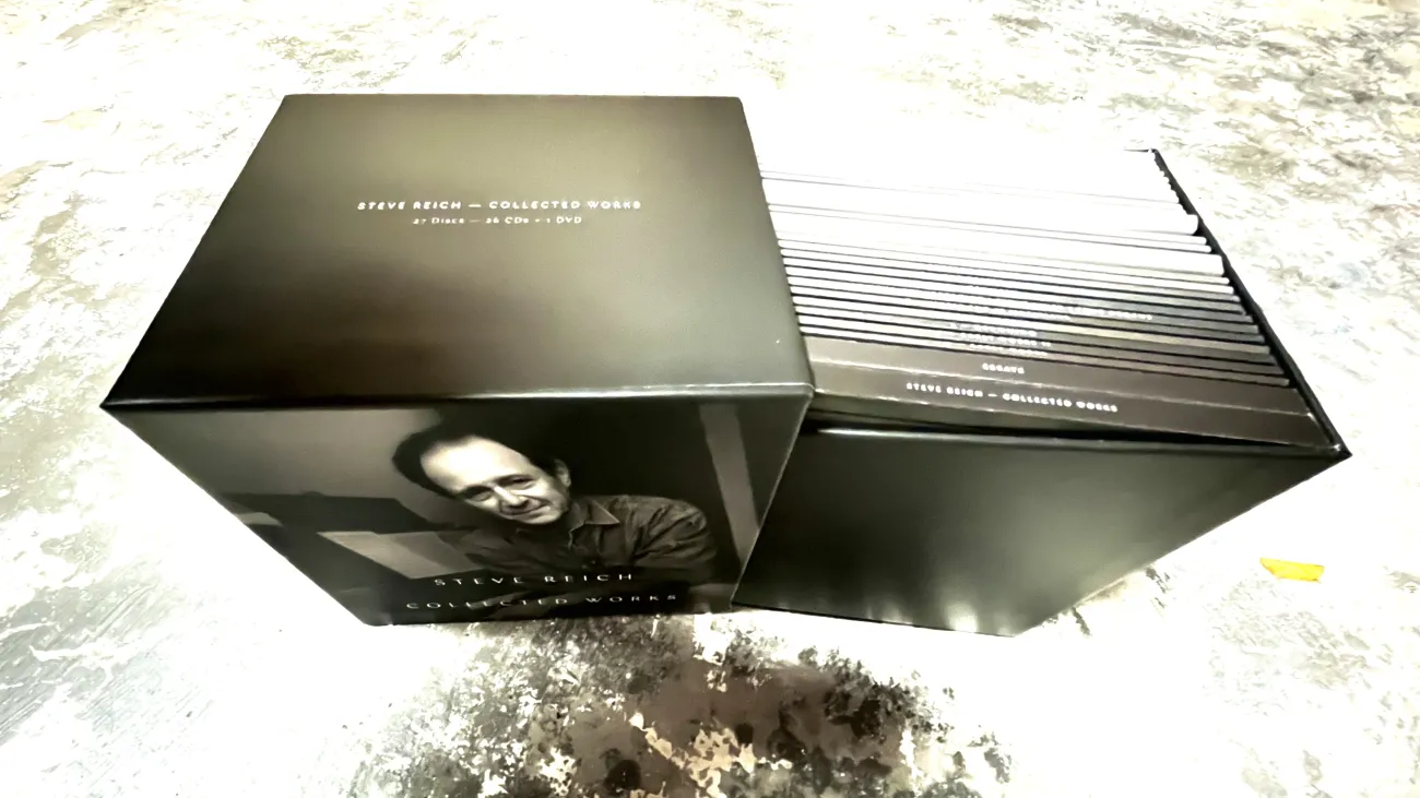 The Steve Reich — Collected Works box set partially open showing the content included.