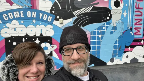 Kelly and I in front of a mural inside Allianz Field! Go Loons!